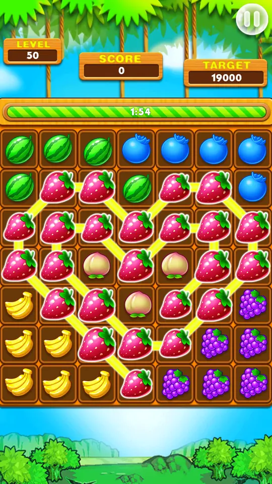Skärmbild från Fruit Splash med en lång linje dragen genom flera frukter